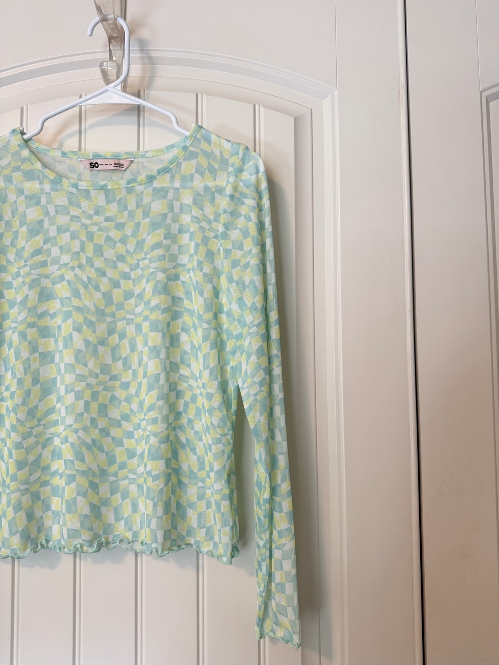 SO Long Sleeve Checkerboard Top in Mint Green & Pale Yellow